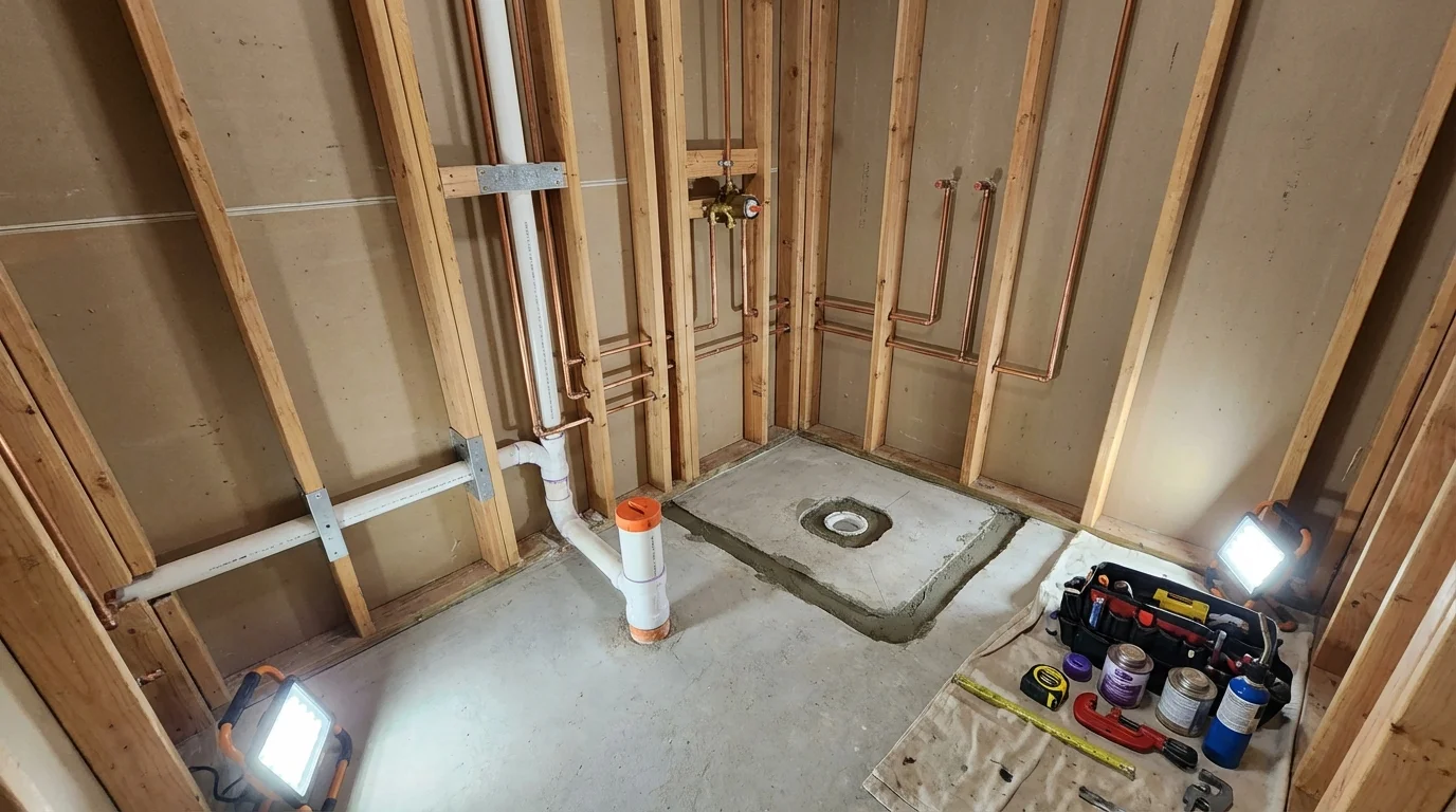Bathroom rough-in plumbing during remodel by Johns Plumbing LLC in Weiser