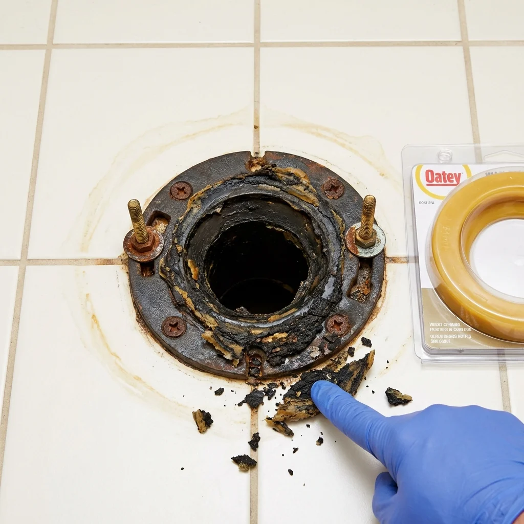 Failed wax ring showing water seepage at the base of a toilet in a Weiser, ID home